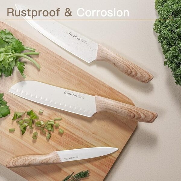 Astercook Knife Set, 13 Pieces Kitchen Knives Set with Ceramic Coating, Stainless Steel Chef Knife Sets with 6 Blade Guards, Dishwasher Safe Knife with Wooden Handle, White - Image 5