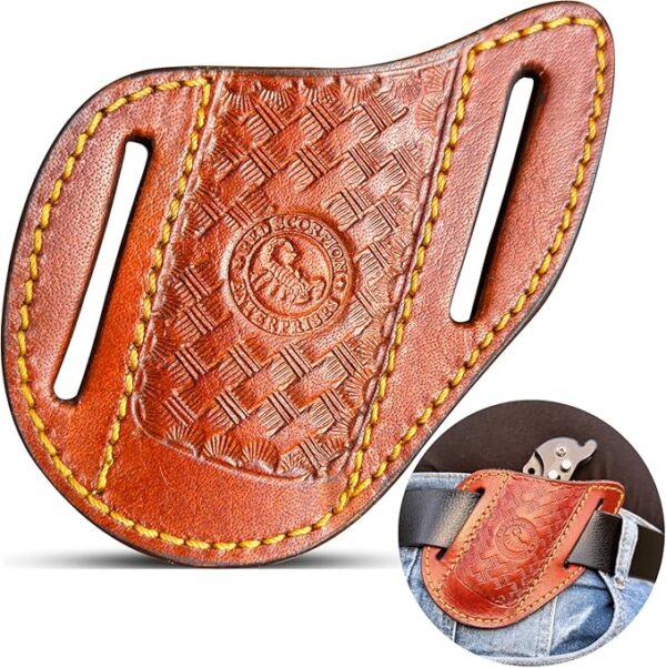 Red Scorpion Handmade Leather Knife Sheath for Belt - EDC Belt Holster for Folding Knife, Leather Sheath for Pocket Knife, Compact EDC Tools Carrier for Outdoor Activities - Image 2